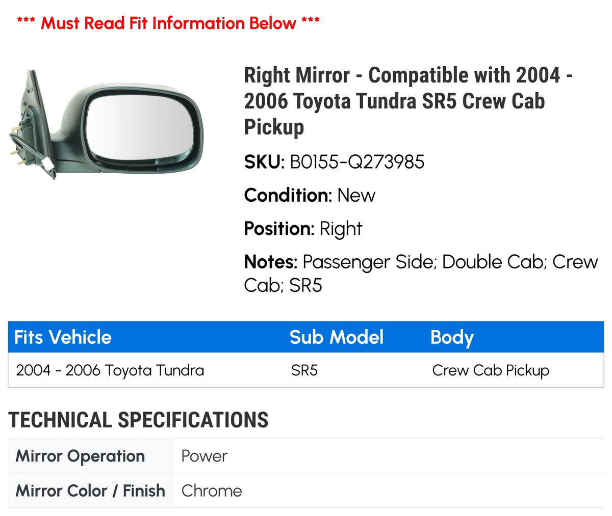 '- - Toyota Pickup 2004 Right with Tundra SR5 Compatible Crew 2006 Mirror Cab 2005