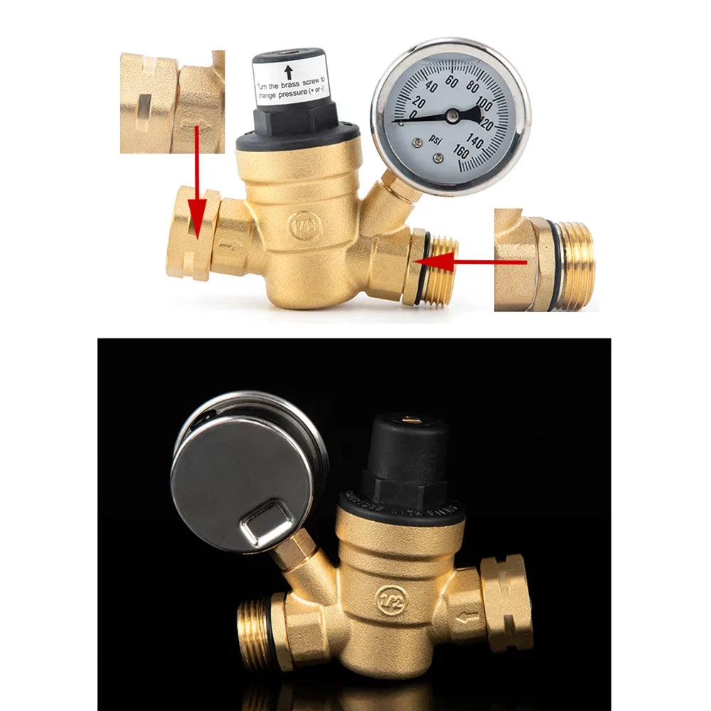 Travel Valve Filter, Ideal Adjustable and - for Brass, Lead-Free and RV Water Pressure Screened Gauge Trailers Regulator with 0-160PSI Inlet