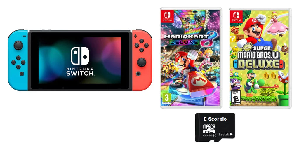 3 and Bros. Red Membership Joy-Con| Online Switch Deluxe Mario Switch U Nintendo Months 8 Bundle: Mario Nintendo and Kart Nintendo 32GB Switch Blue Deluxe with Console Neon /Super