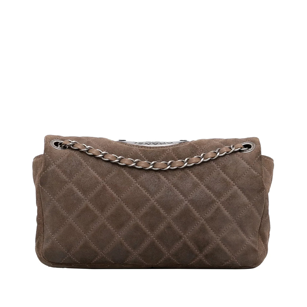 Bag Flap Unisex Suede Authenticated Small Shoulder Leather Double Classic Brown Pre-Owned Chanel