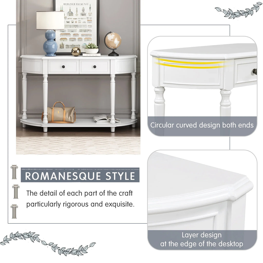 OLD Style Drawers Wooden WF298768AAK) Table Console Shelf Retro Curved Top Two SKU: Open (White, Frame Design Legs with and Circular Solid