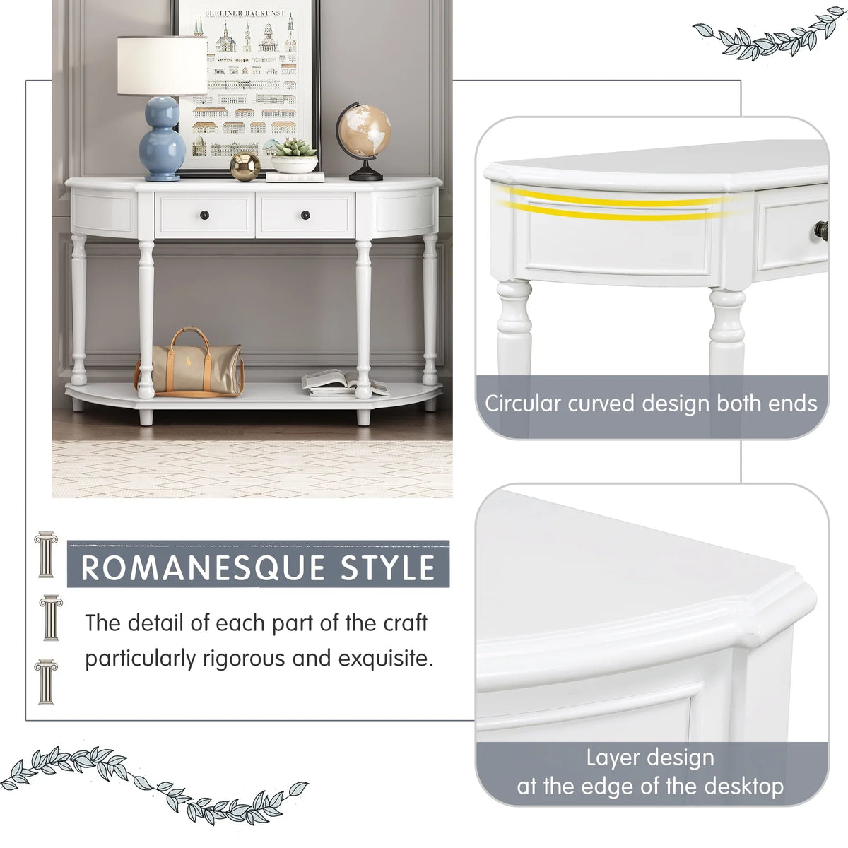 OLD Style Drawers Wooden WF298768AAK) Table Console Shelf Retro Curved Top Two SKU: Open (White, Frame Design Legs with and Circular Solid