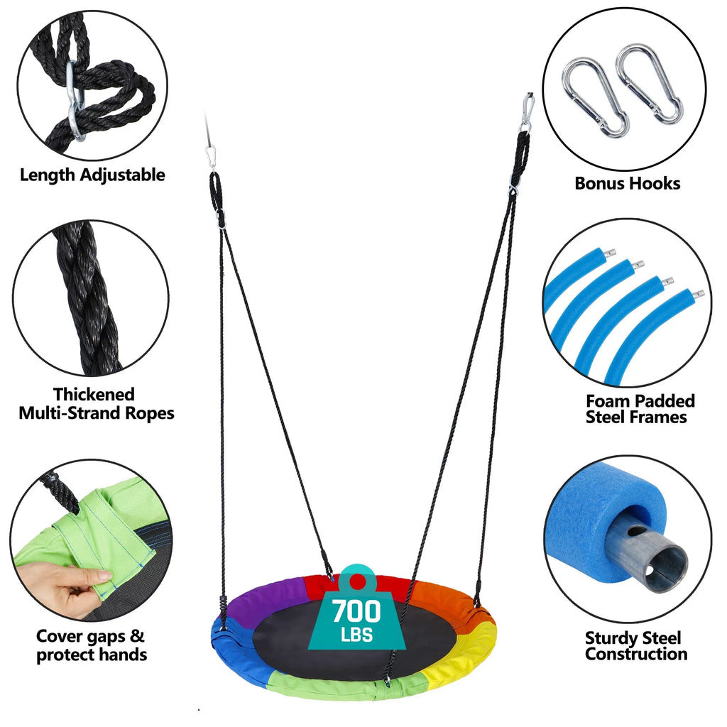 700lb Web ZenSports Kids - UV Protection, Set Swing 360 Waterproof, Rainbow Multi-Color Saucer Steel Outdoor Tree 40" Ropes Adjustable 70’’ Rotate°, Frame,