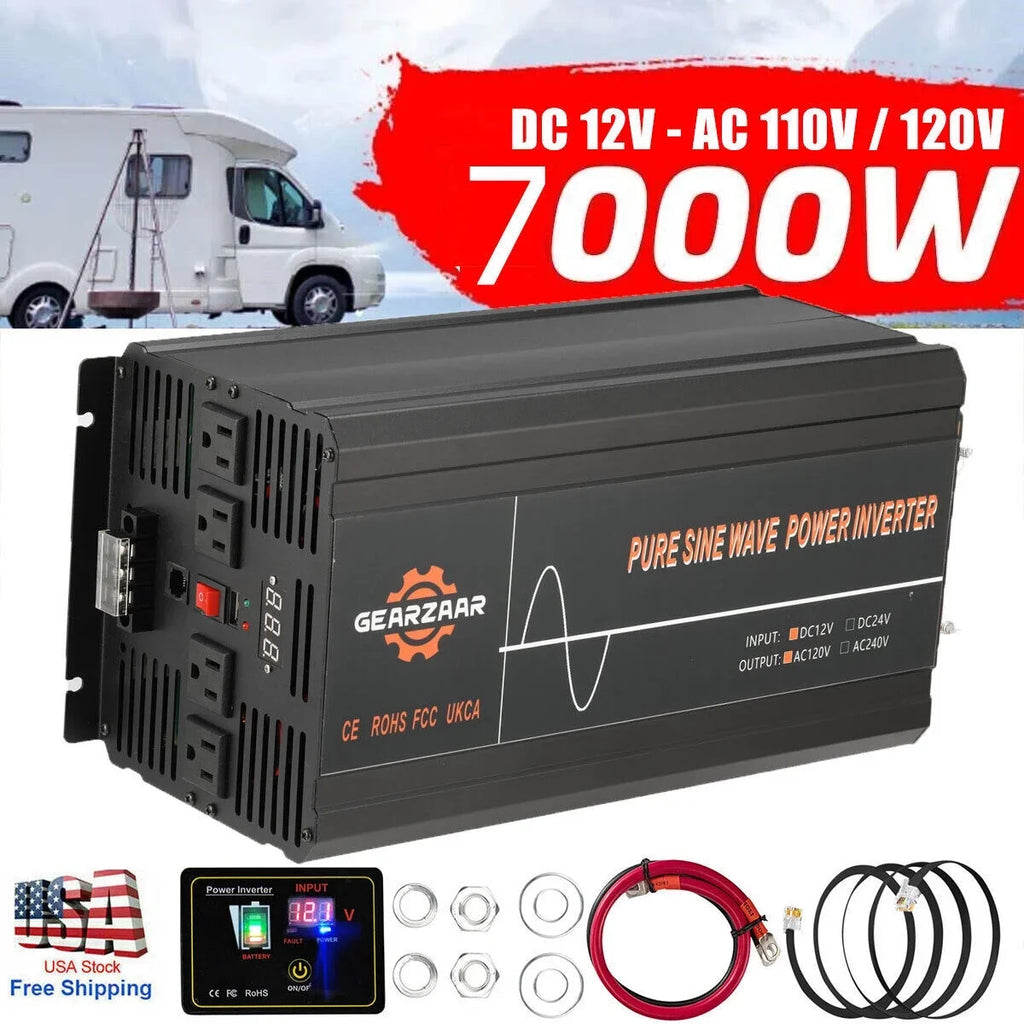 DC Sine 12V Car Power Inverter Pure 7000W Car To RV Converter LCD Solar AC 120V Wave