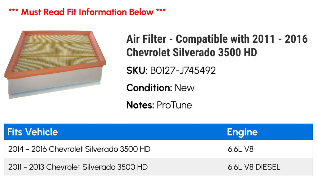 Chevy 3500 Filter Air 2012 2013 2016 - 2015 Compatible 2014 Silverado - HD with 2011