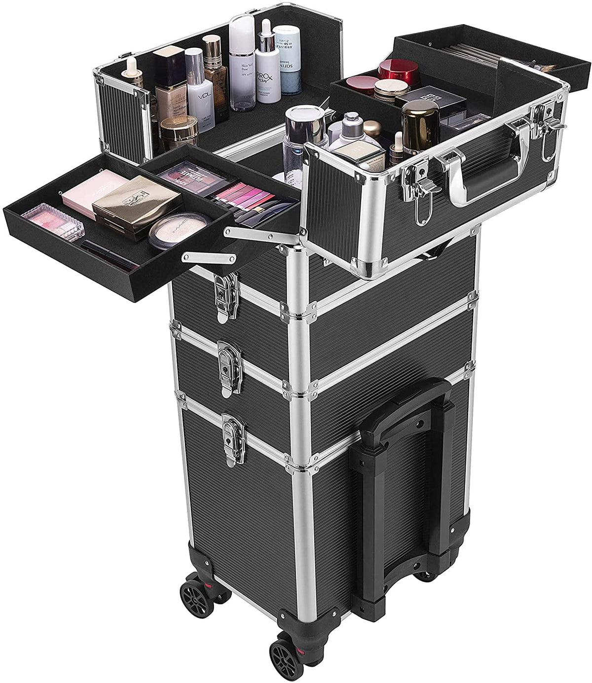 Makeup Straps Rolling Box Shoulder 1 2 Train Professional Case VIVOHOME in are Cosmetic Keys Aluminum not with Black(Cosmetic 4 Organizer Trolley included)