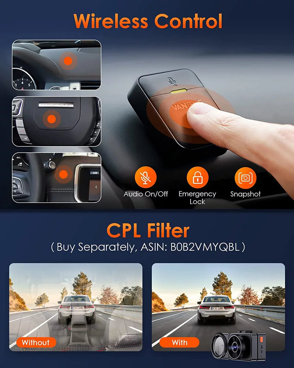 Control 3 Mode Voice Front WiFi Vantrue 3 2.5K GPS 1944P+1080P+1080P Dash and Car Inside Cam Motion Dash Night Channel Hrs IR E3 Parking Rear Camera Vision 24 for Detection Way