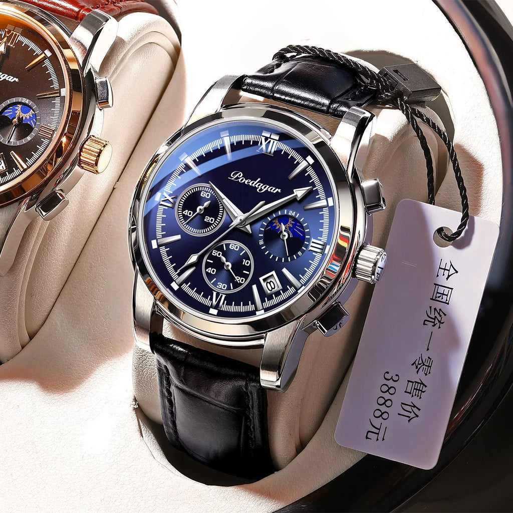 Male POEDAGAR Watch Clock Fashion Wristwatch Brand Mens Luxury Sport Waterproof Blue Quartz Leather Watches Top Casual