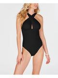 One MICHAEL Women's Removable Piece 12 Lined Swimsuit Ruched Convertible Black Halter MICHAEL KORS Cups