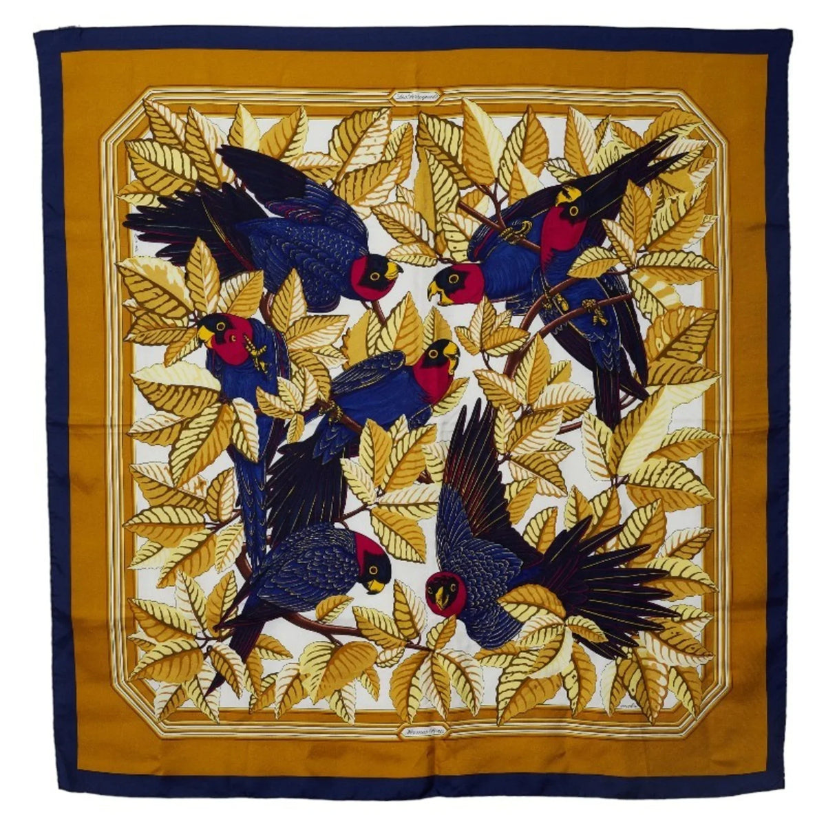 Ladies Hermes Gold Bird (Good) Carre90 Perroquets Navy HERMES Pre-Owned Les Parrot Scarf Silk Muffler detail