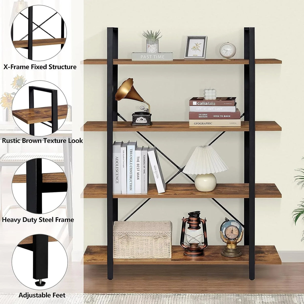Shelves Bookcase Brown 4-Tier Living Shelf, Open Bookshelf, with Tall DIQIN Rustic Room, Bedroom, for Frame, Book Metal Display Office, Home