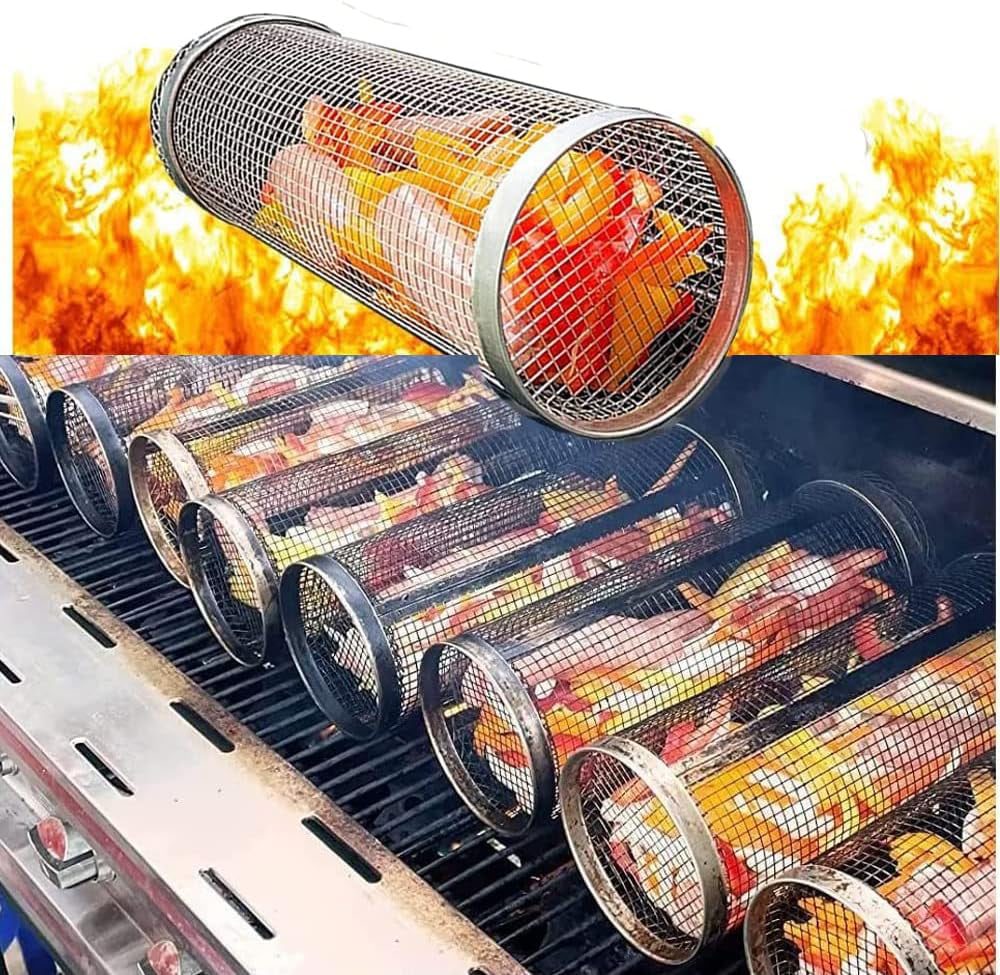 Cooking ，Portable Vegetables, Outdoor Basket BBQ Shrimp, Grilling Grilling BBQ Griller for Accessories 2PC Barbeque Barbecue Basket，Round Rolling Camping Rack Fish,