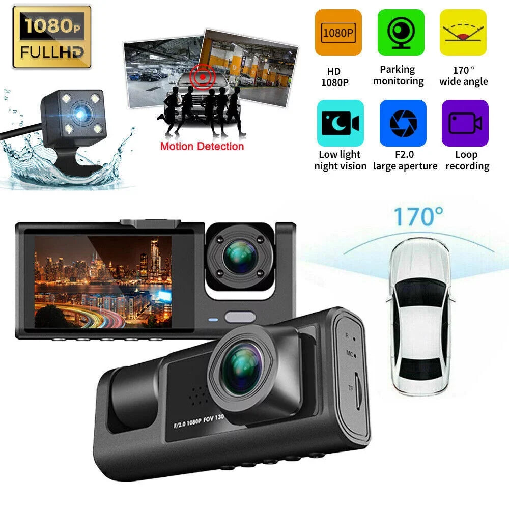 Camera Dash Dual Car G-Sensor Recorder Lens 1080P Cam Front/Rear/Inside Video
