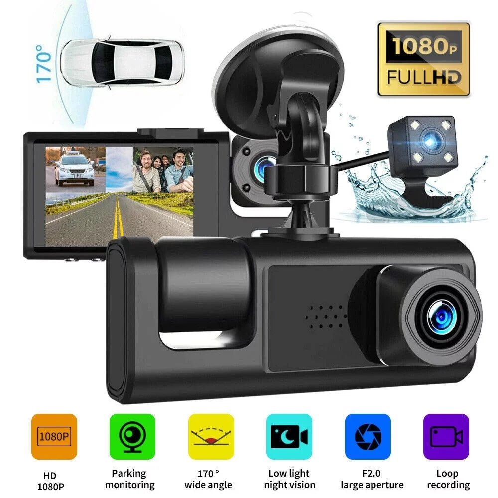 Camera Dash Dual Car G-Sensor Recorder Lens 1080P Cam Front/Rear/Inside Video