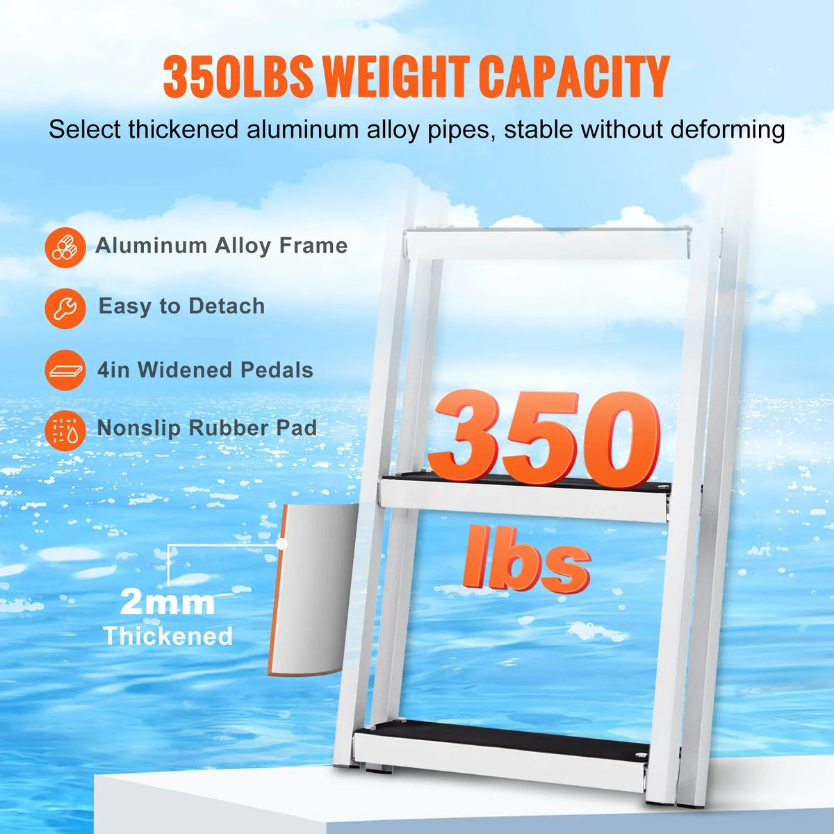 for Boats, - Removable with VEVOR Aluminum Dock 4'' Wide Alloy Pools 3-Step Nonslip Ladder Capacity, 350 Installation Access Lakes, Steps, Marine & Simple lbs