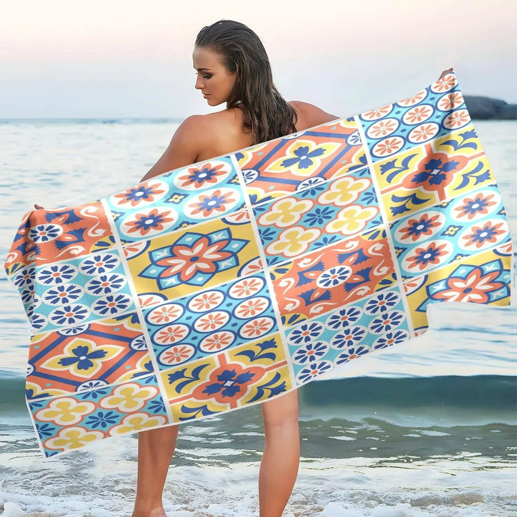 Swim Quick Oversized Beach Talavera Towel, Towel 31”X71” Tiles Pool Towel Lightweight Sand Free Thin Dry Bestwell Yoga Microfiber Shower Style Mexican Bath Blanket, Multipurpose Towel