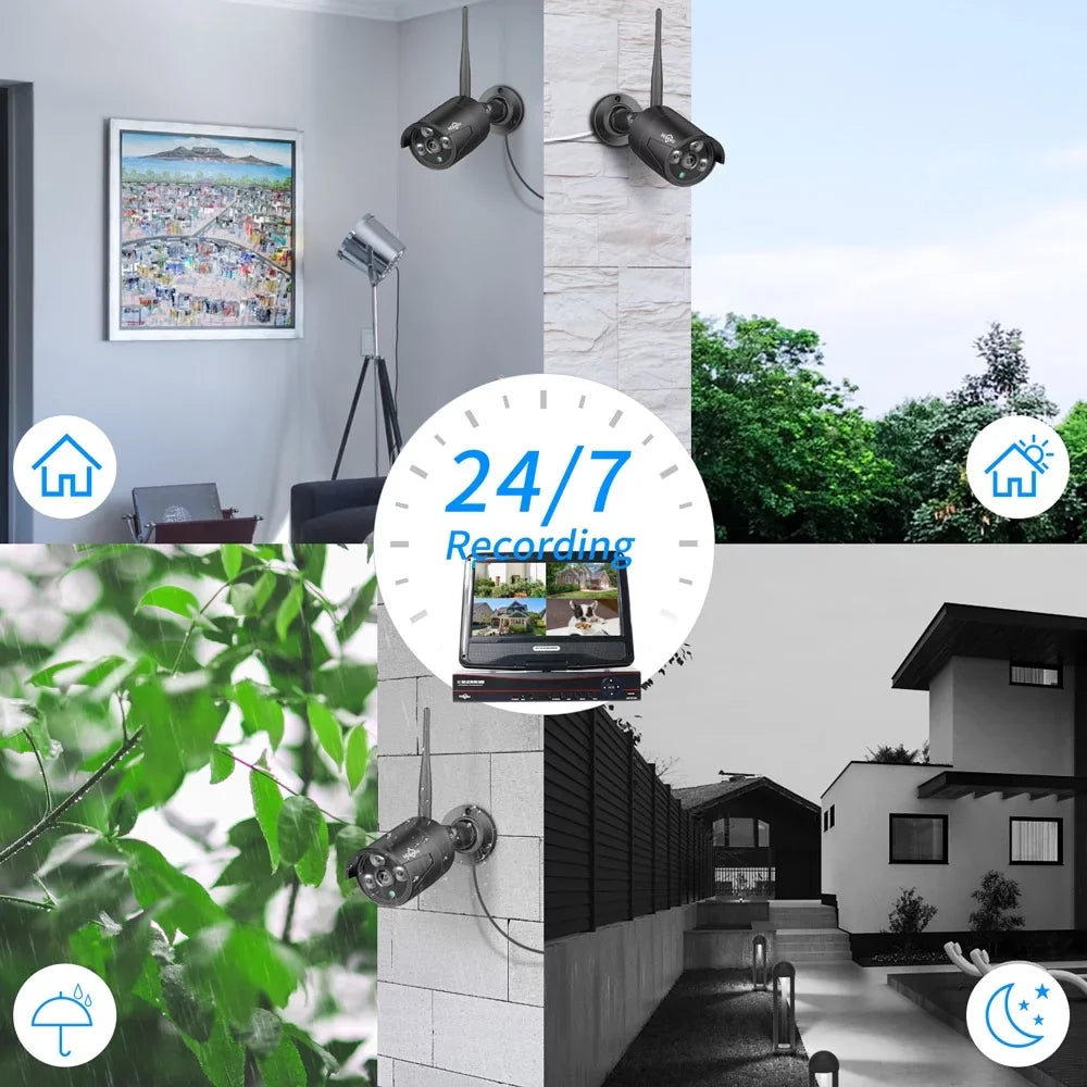 Vision, Monitor, NVR, Hiseeu Camera 10 WiFi) 4Pcs Channel Only 10.1'' with 2.4Ghz Recording, Night Waterproof, 1TB Home System with Wi-Fi (Supports Audio Security Hard Wireless Drive, Camera Security