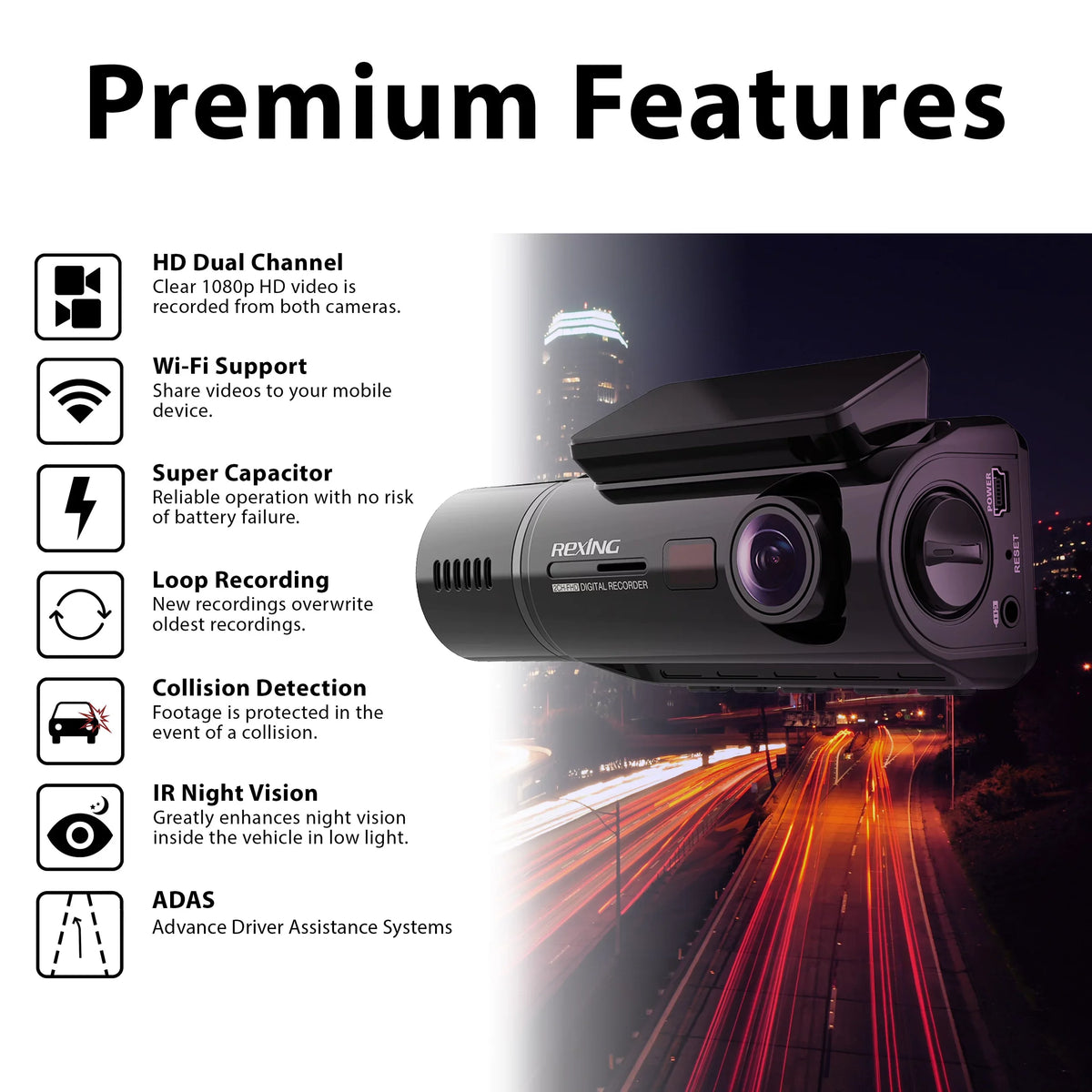 Inside Front with Cam Cabin and HD Dash Wi-Fi Dual Rexing Basic Camera Full 1080p V3
