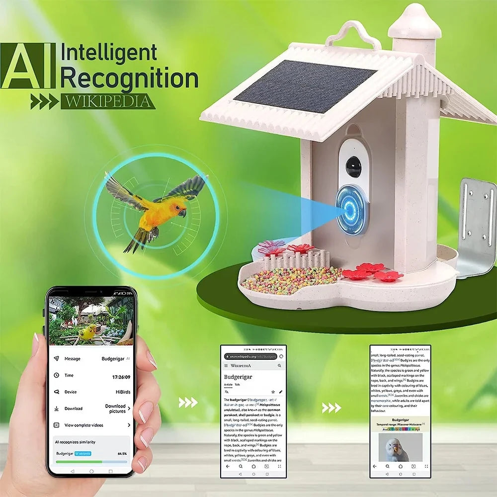 IP65 Capture for Smart AI Camera Waterproof Motion 1080P Bird Video Bird Auto Feeder 128G TF Detection Lovers Bird Dcenta Species Cards, Bird Identify Ideal Notification Real-time