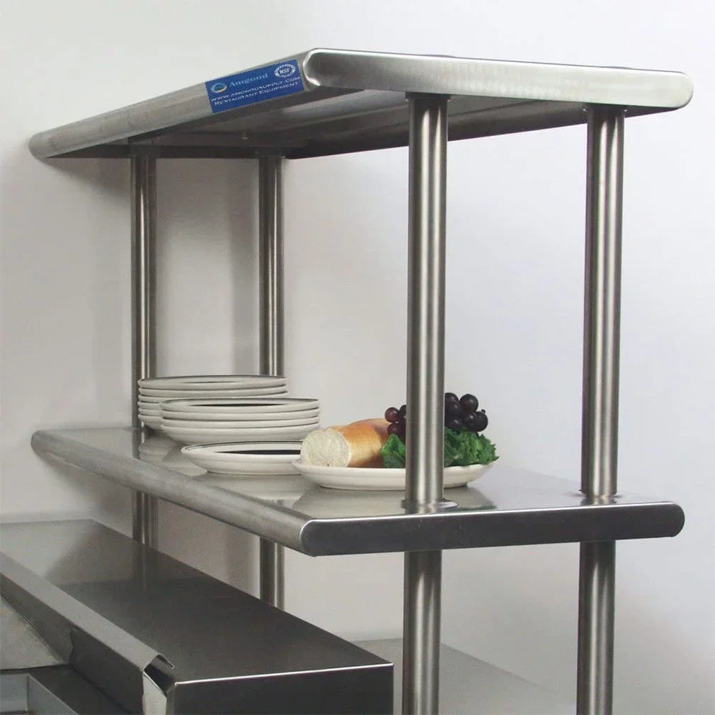 Table 72" | Shelves | 30" Work Tier Double Metal & Overshelf Shelving With Wide Prep Steel Combo Table Kitchen x Two 12" Stainless