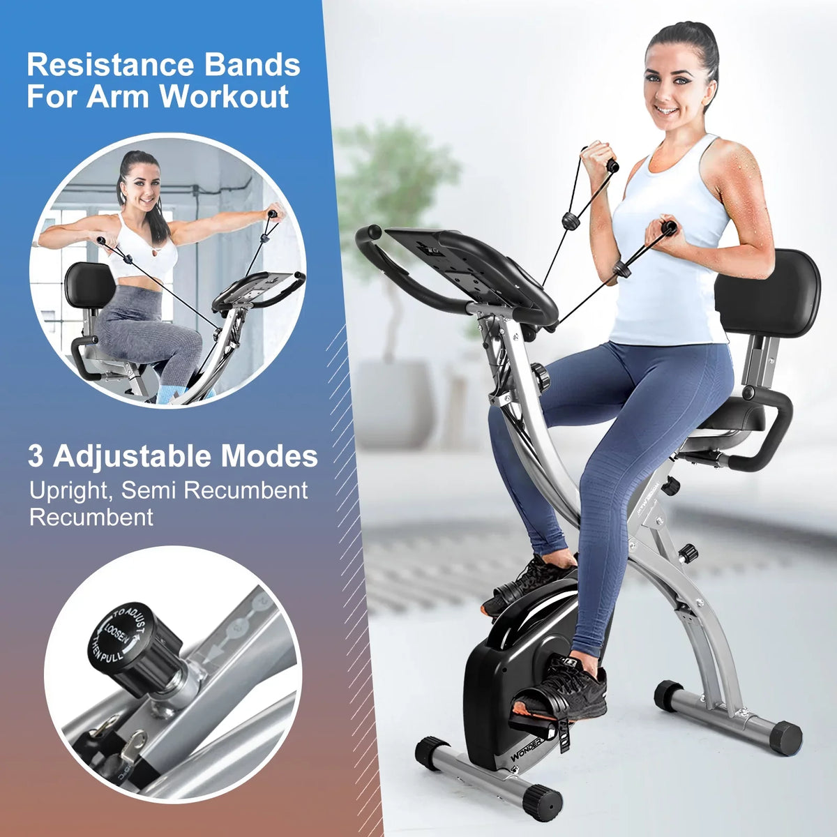 Resistance Bands Back Folding with Workout Maxi Indoor Exercise Arm Wonder Bike, and Upright Magnetic Recumbent Front