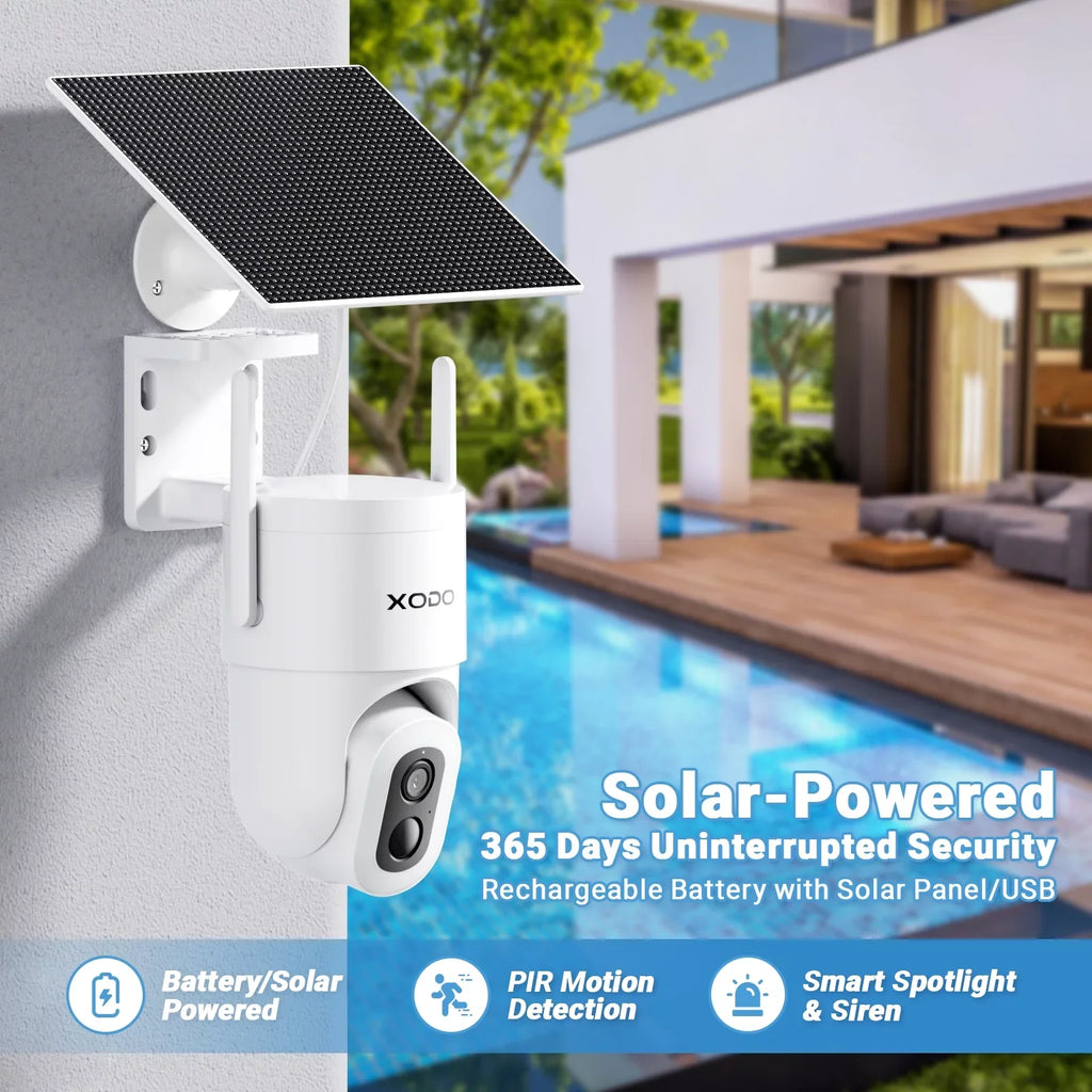 Home System, Audio, Pan-Tilt Camera Cam Night Security for Detection, 2K 360° XODO – Outdoor Color View Wireless Motion Solar Vision, Remote 3MP App Cloud/SD 2-Way Siren, with Floodlight E15