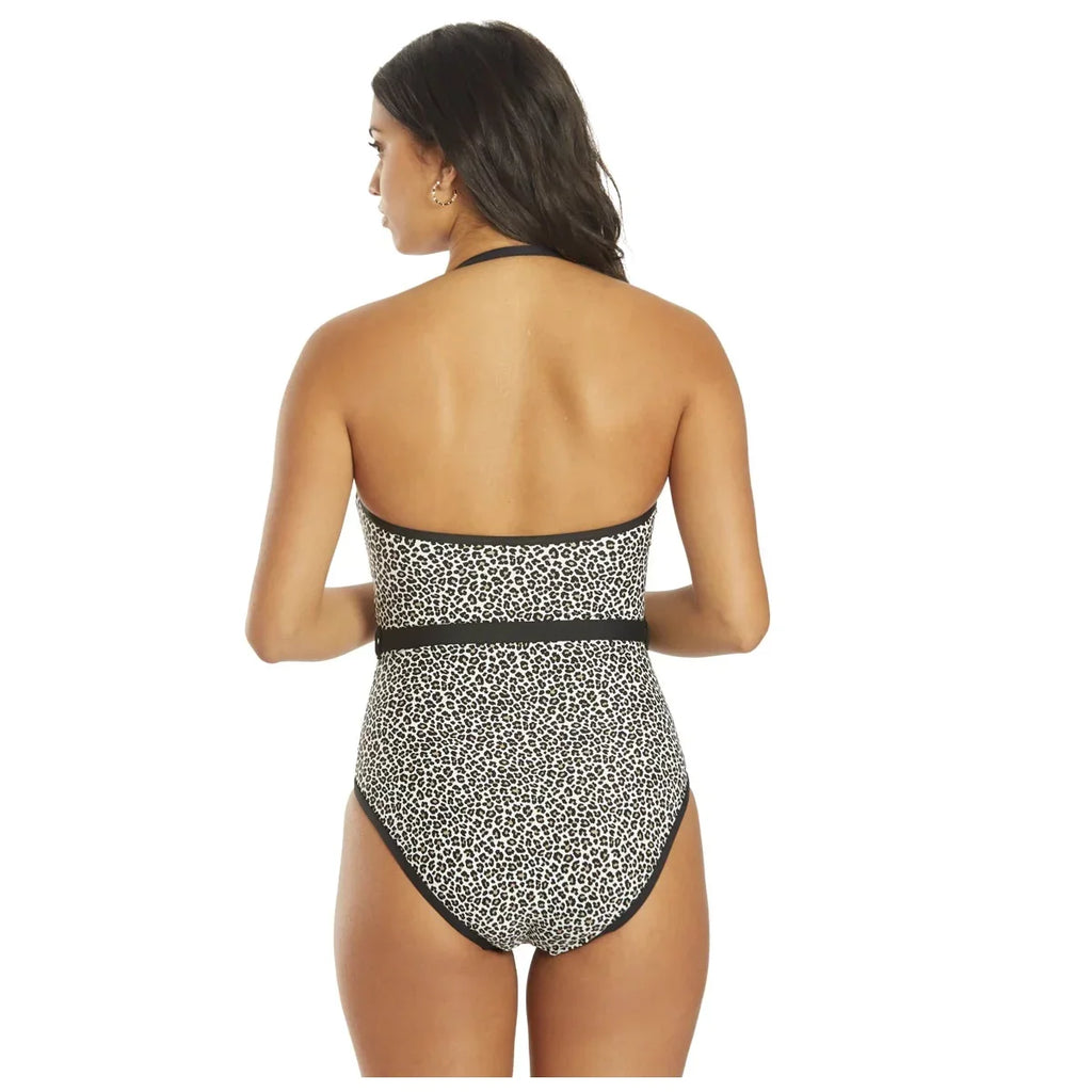 Kors Size Black Women's Printed 10 Swimsuit One-Piece Michael Logo-Belt Bandeau