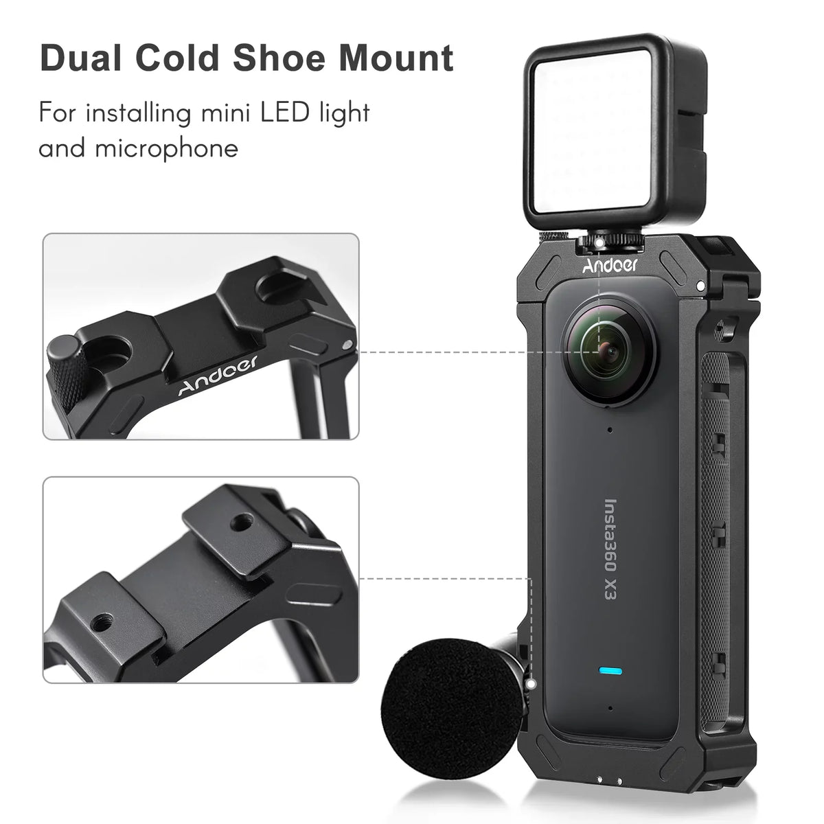 Vlog Accessories Mounts Cold Video Shoe Cage for Protective Andoer Dual - Aluminum Frame Sports Insta360 with Metal X3 Alloy Camera