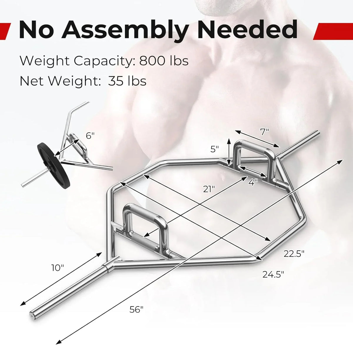 800Lbs Bar Hex Trap Finish Hex Deadlift Weight Bar With Squats, Capacity Power Bar 56" For Lifting Pulls, Deadlifts, Bar, Olympic Shrugs Two-Handle, Chrome Weight Folding