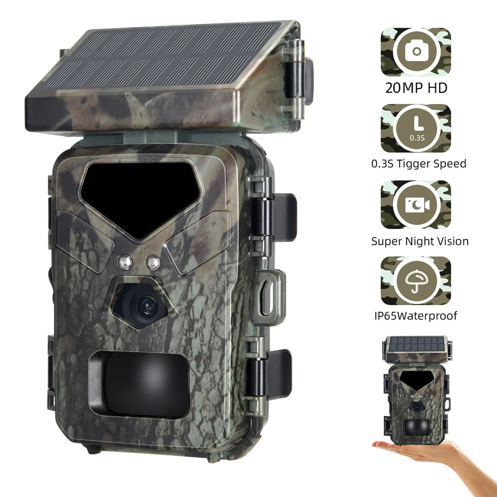 0.3s Vision Trigger Time Recording Trail Motion Activated IP65 Solar with Camera Wildlife Camera Powered Game Waterproof Cam 20MP for 1080P Night Loop Hunting TOMSHOO