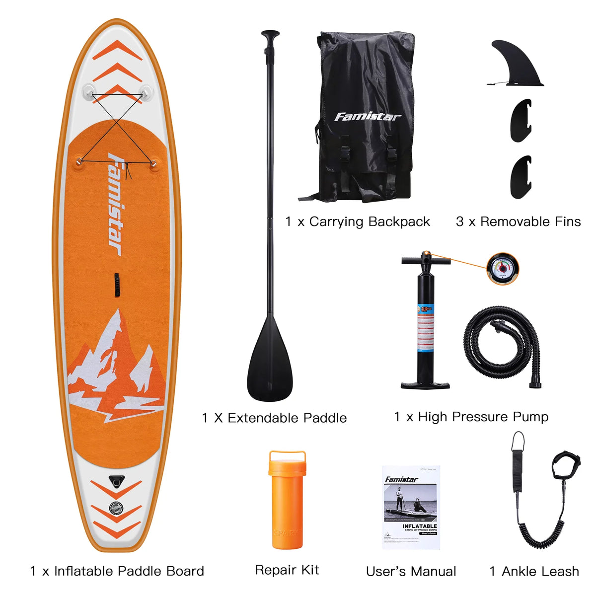 SUP/ & Control, Non-Slip Boat-Orange Adult Bottom Standing Surf Famistar Up Stand 10' Wide 3 Deck Board Inflatable Pins | Stance, Paddle Paddling, (6"Thick) with Fin for |Youth