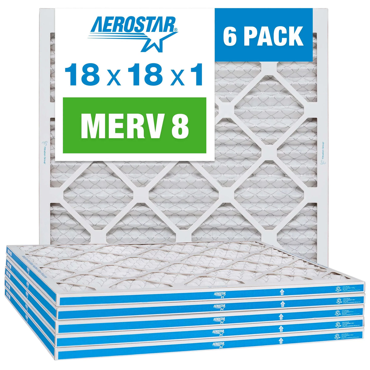 Air Filter, AC Pack Furnace 6 Aerostar Air 8 18x18x1 Filter, Pleated MERV
