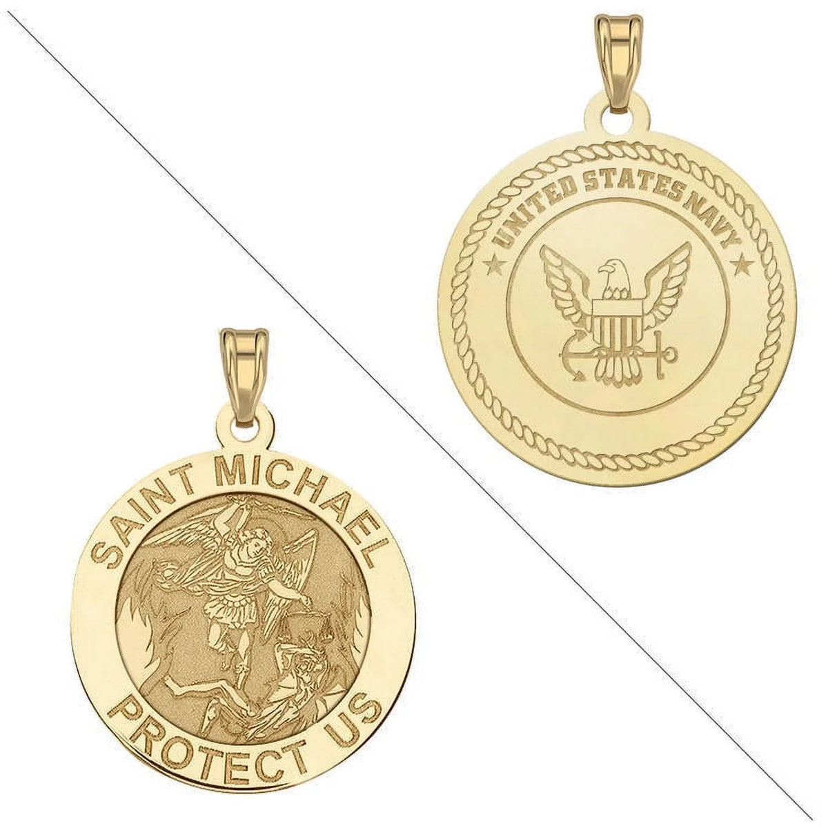 Medal Yellow Doubledside Michael - 14K 2/3 Solid Religious of NAVY - Dime Size Saint Gold a Inch
