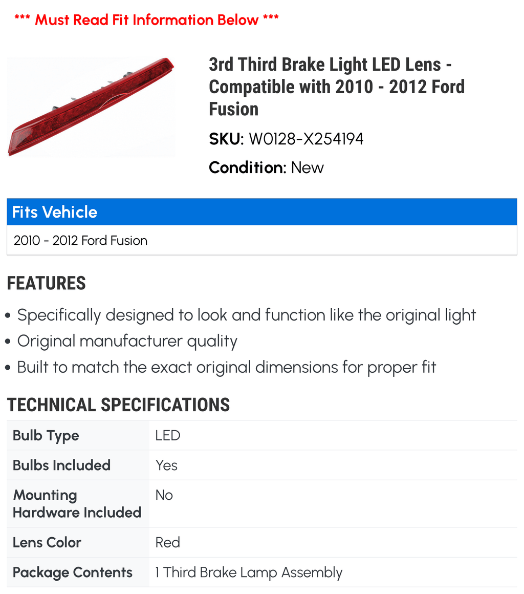 LED Fusion Compatible Third 2012 3rd Light with Brake Ford - 2010 - 2011 Lens
