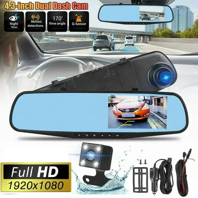 for 170°Wide 1080P Motion Car Night Detection Dash Rear Camera Cars Front 4.3" Parking Cam DVR Trucks, Car G-sensor, Monitor, Rearview Vision, Cam Mirror Dual Angle Monitor, Lens