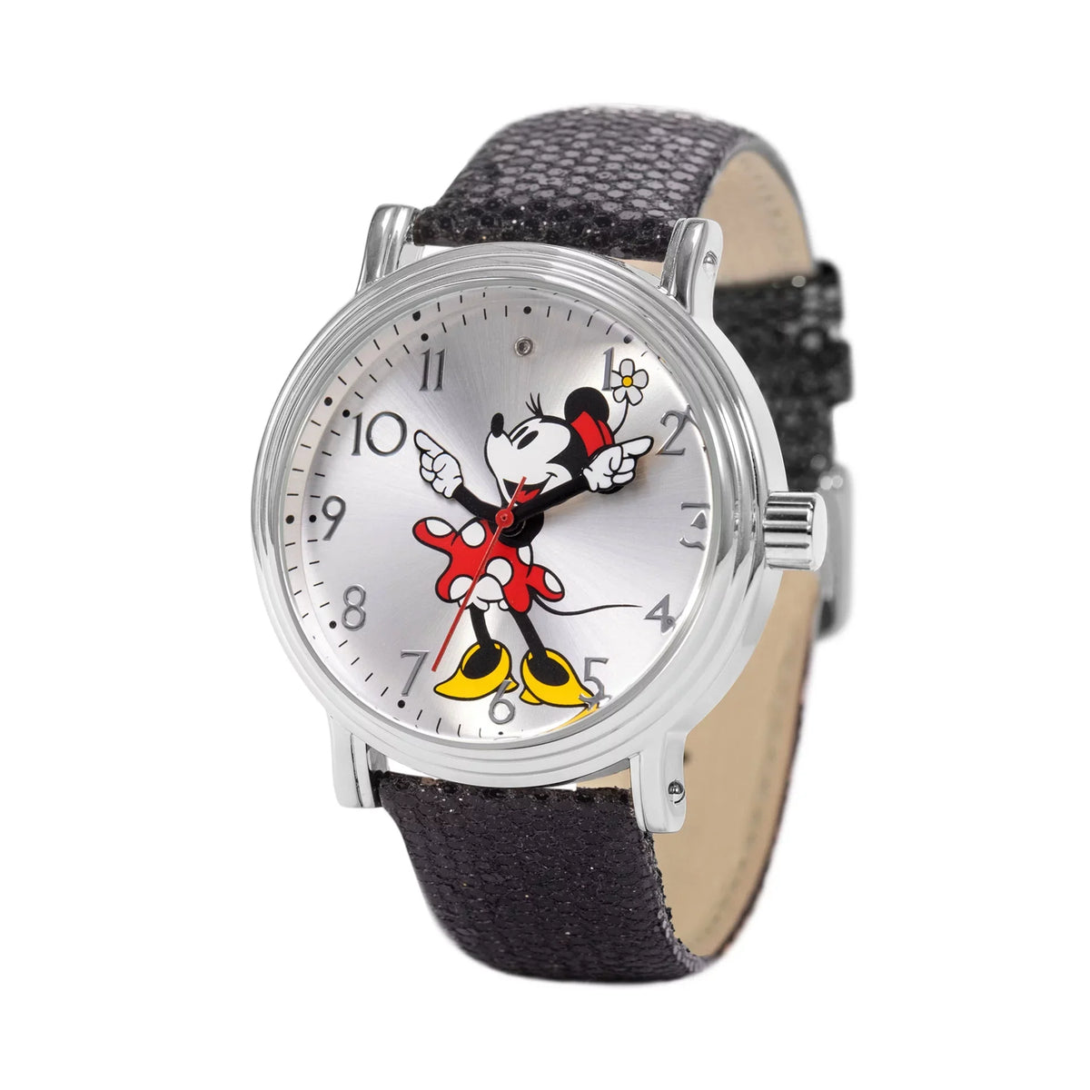 Adult WDS001291 Sequins Hands Articulating Watch, Classic Black Vintage Women Mickey Strap, on Mouse Dial, Women's Alloy Diamond Disney Watch Stone Silver