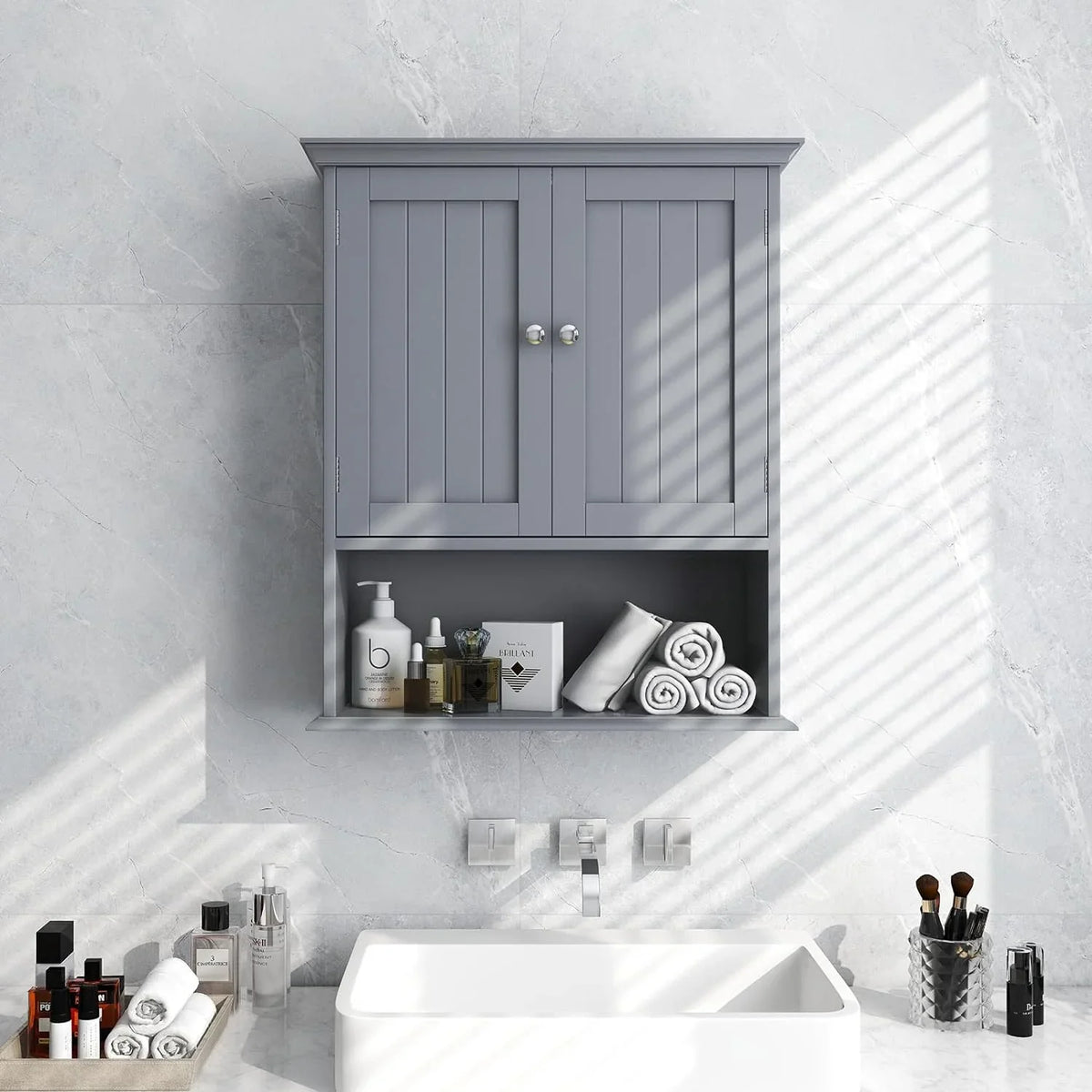 Storage Wall Cabinet, Kitchen Wooden Hanging Doors Storage Wall Medicine Mounted Cabinet for Grey Shelves, Cabinet, Multipurpose Bathroom Cabinet Living with Room, Bathroom Bathroom &