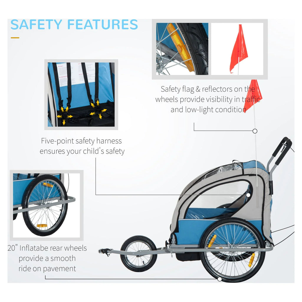 Safety Two-Wheel - Trailer 2 Harnesses 2-In-1 Bicycle Child Double Aosom With Elite Cargo Blue And Jogger