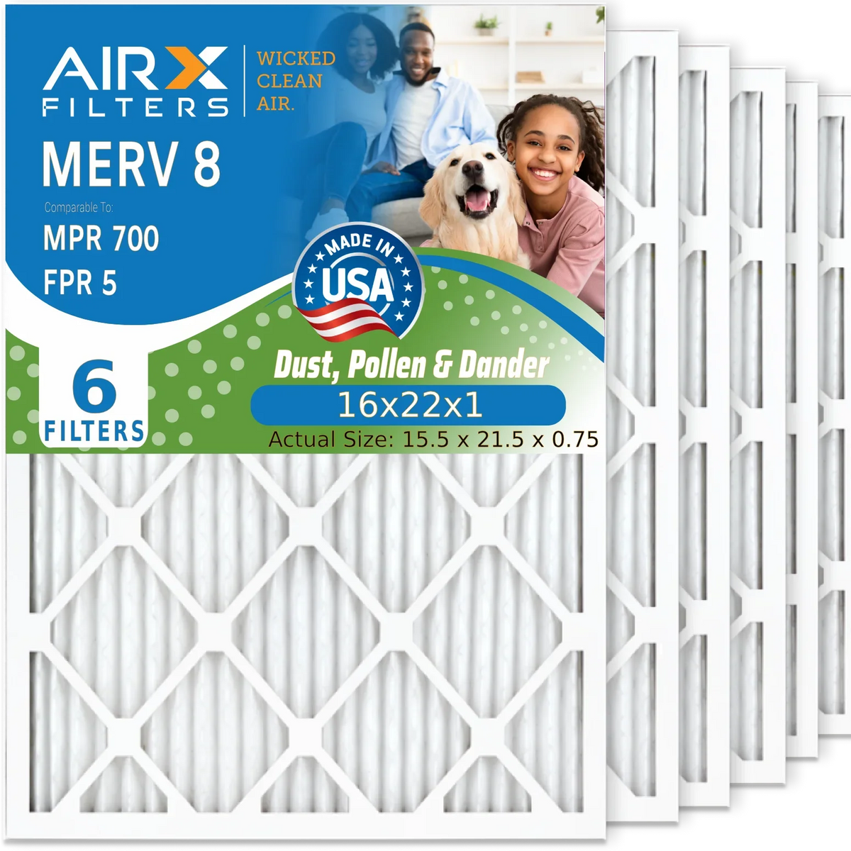 16x22x1 16x22x1 Pleated Filter AIR. CLEAN Air 700 Furnace WICKED MERV & HVAC AC 6 Air MPR Made Conditioner USA Comparable 8 5 to FPR Premium Pack Filters Filter AIRX Electrostatic FILTERS by