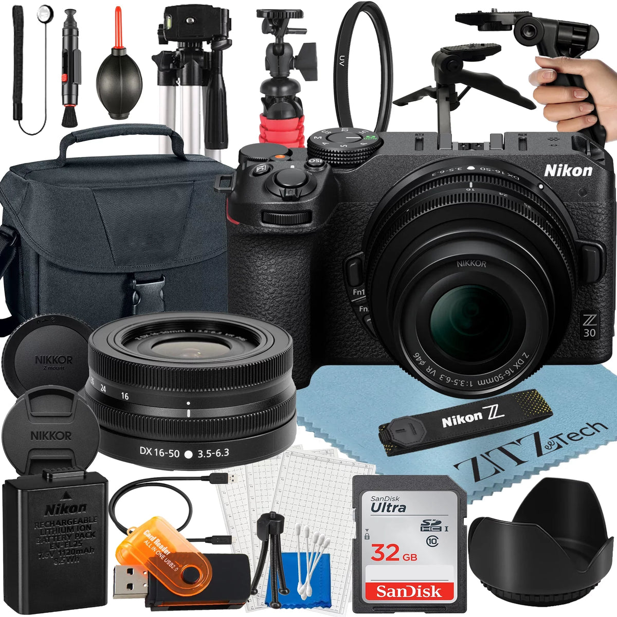 NIKKOR + 32GB 16-50mm Case Card + with + Nikon Camera SanDisk + Lens Bundle VR Z30 Accessory Zoom Tripod Mirrorless ZeeTech