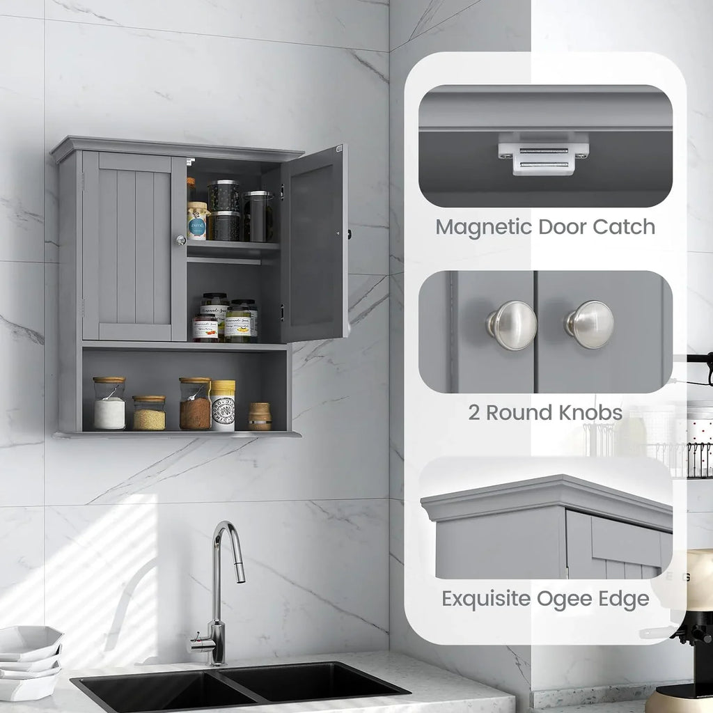 Storage Wall Cabinet, Kitchen Wooden Hanging Doors Storage Wall Medicine Mounted Cabinet for Grey Shelves, Cabinet, Multipurpose Bathroom Cabinet Living with Room, Bathroom Bathroom &