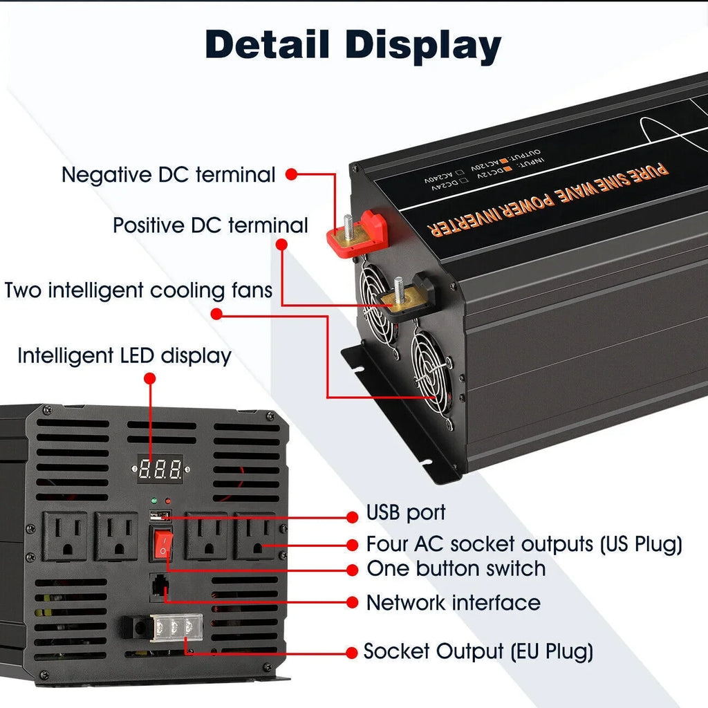 DC Sine 12V Car Power Inverter Pure 7000W Car To RV Converter LCD Solar AC 120V Wave