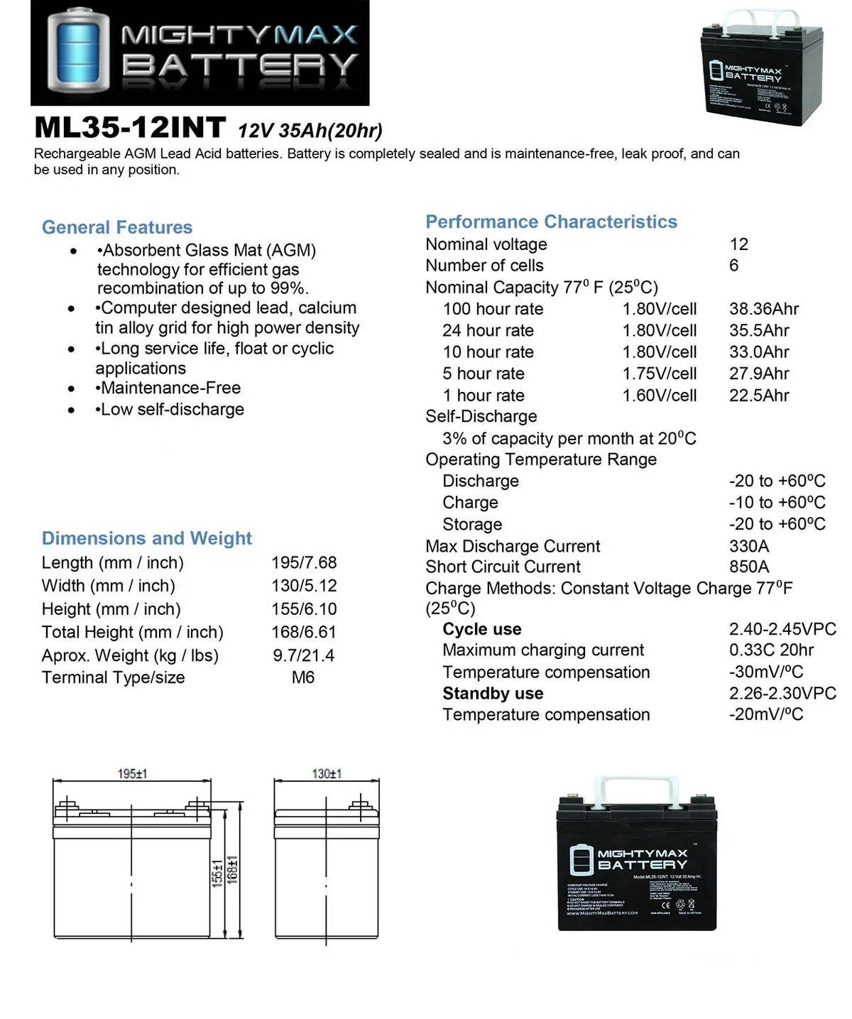 '- Battery 2 for 35AH OD4575 Generac INT Pack 12V Replacement SLA