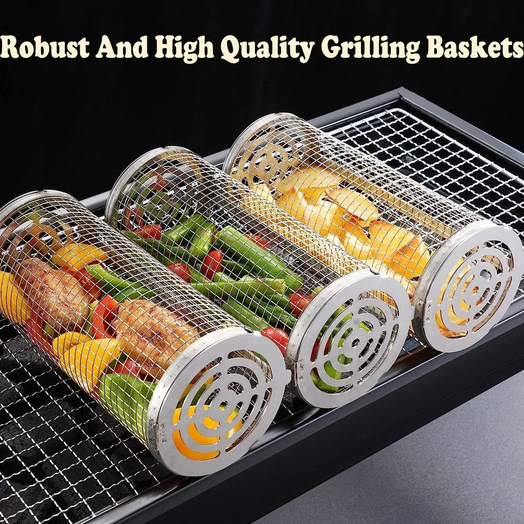 Cooking ，Portable Vegetables, Outdoor Basket BBQ Shrimp, Grilling Grilling BBQ Griller for Accessories 2PC Barbeque Barbecue Basket，Round Rolling Camping Rack Fish,