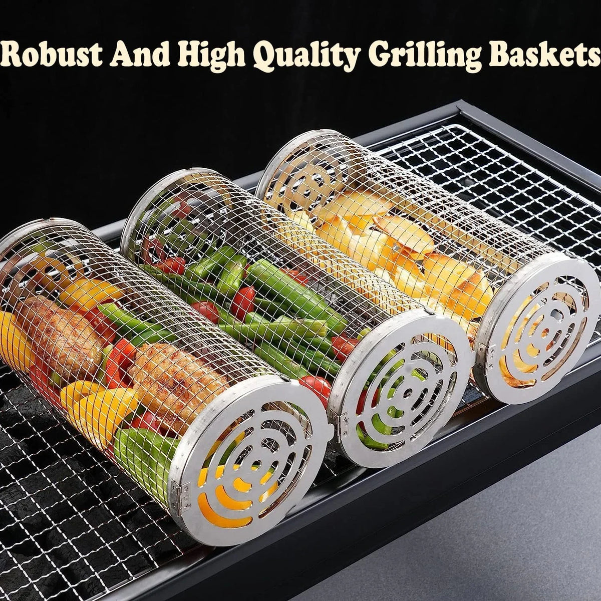 Cooking ，Portable Vegetables, Outdoor Basket BBQ Shrimp, Grilling Grilling BBQ Griller for Accessories 2PC Barbeque Barbecue Basket，Round Rolling Camping Rack Fish,