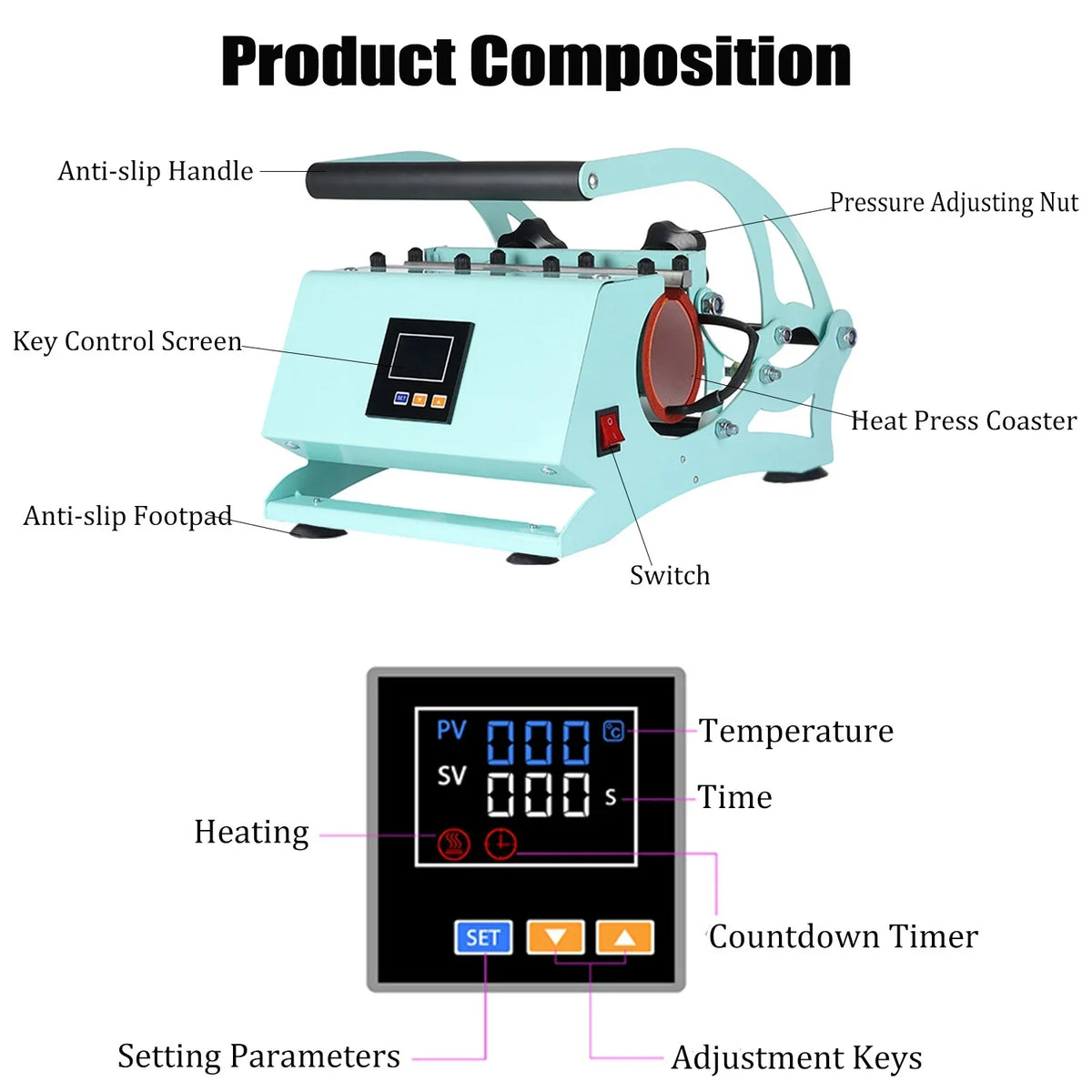 Cup Setting,Green Straight 20OZ DIY Press Print Machine, Mugs, Transfer Heating Tumblers with for Temperature Time Baking Tumbler Machine, Sublimation Press Mug Heat