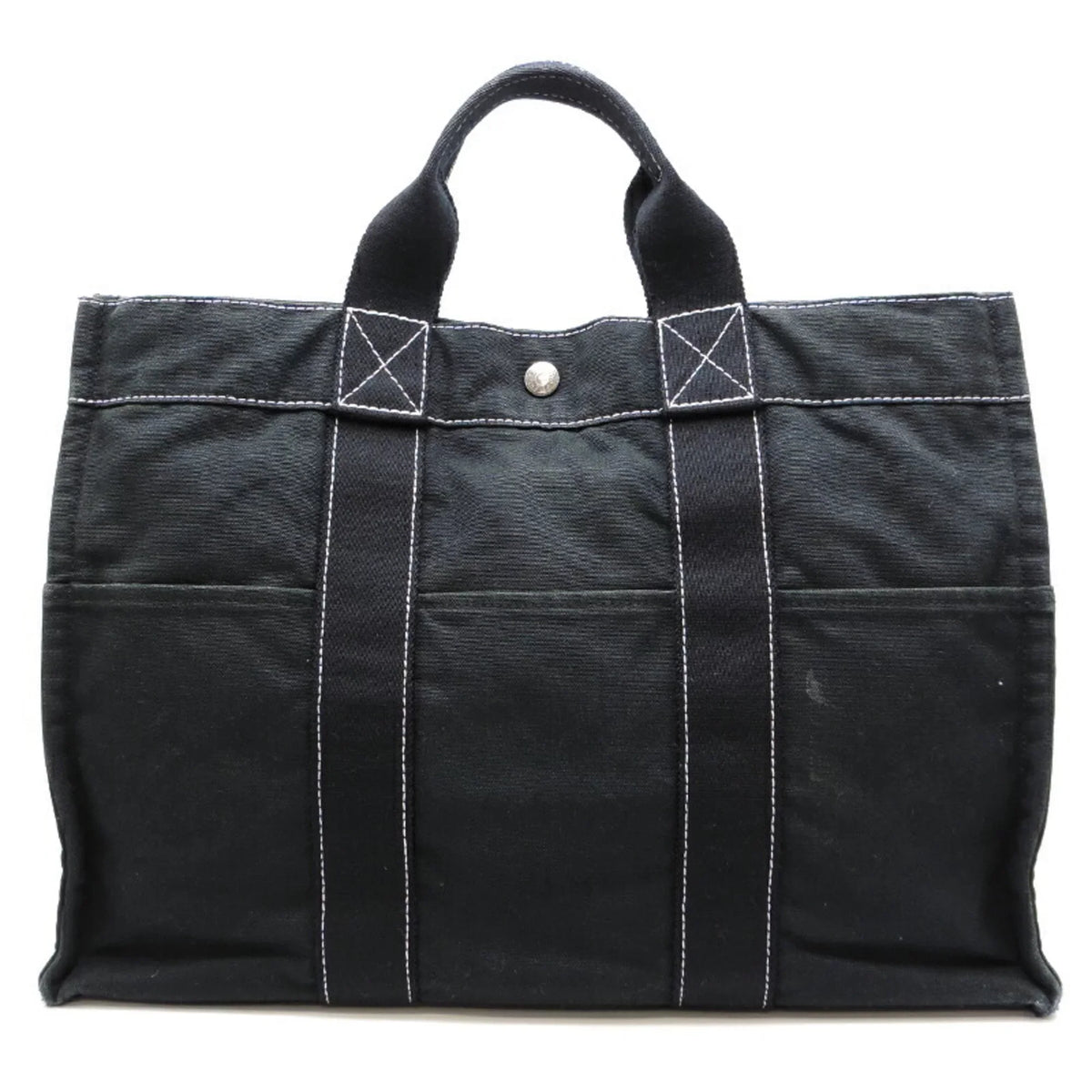 Ladies Canvas (Fair) Tote Hermes Black MM Cotton Pre-Owned Bag Deauville