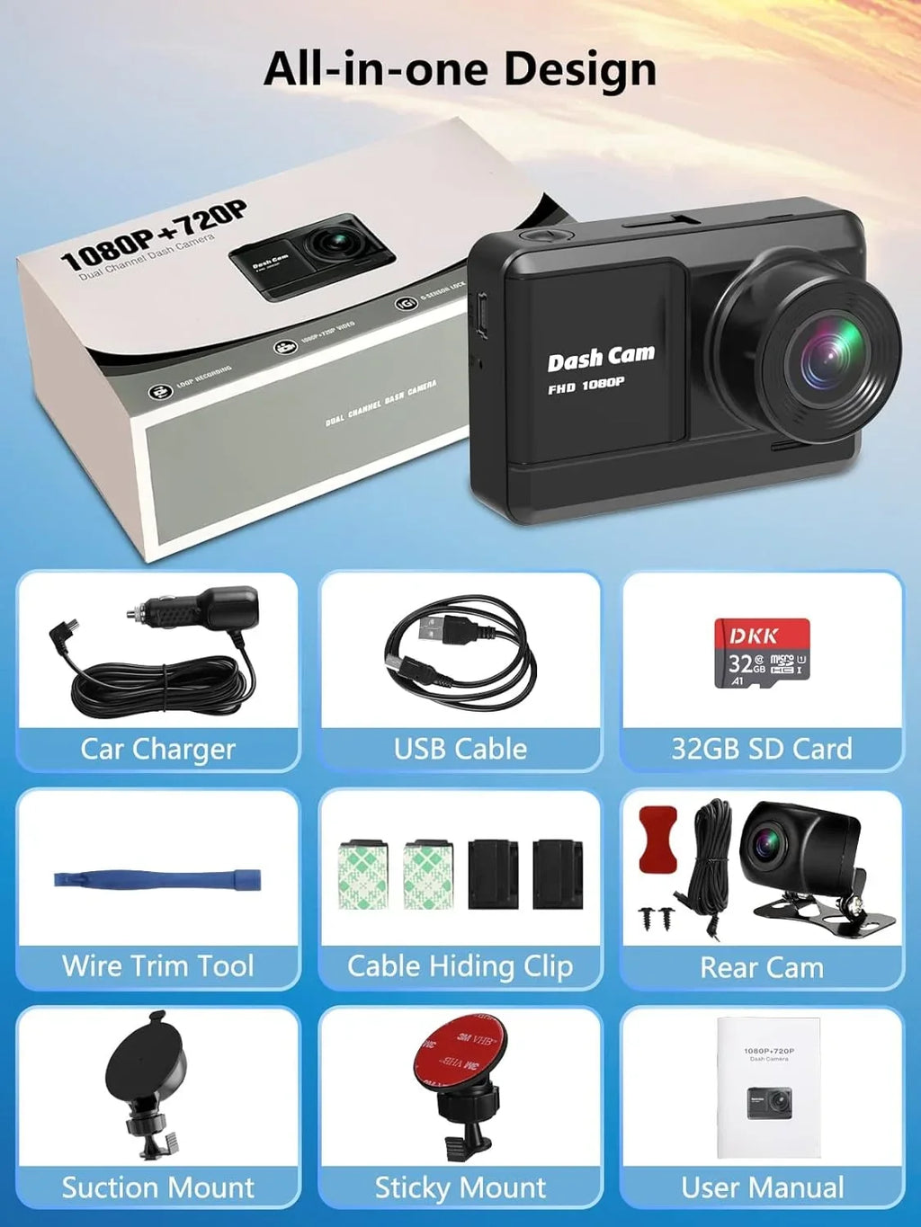 Parking Mini Card, Car,Motorcyle,Balls Dash Recording, Dash Cam Vision, and Rear, Loop 32GB 2.45 2 Screen, Accident inch Monitor with IPS Front Cam Night Ways, Mounting HD SD 1080P WDR, Lock, Full
