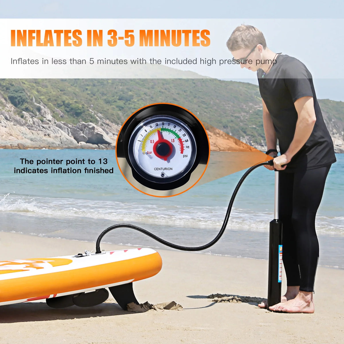 SUP/ & Control, Non-Slip Boat-Orange Adult Bottom Standing Surf Famistar Up Stand 10' Wide 3 Deck Board Inflatable Pins | Stance, Paddle Paddling, (6"Thick) with Fin for |Youth