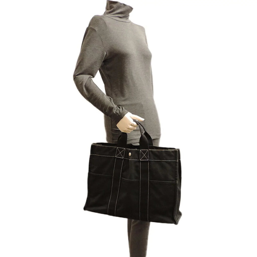 Ladies Canvas (Fair) Tote Hermes Black MM Cotton Pre-Owned Bag Deauville